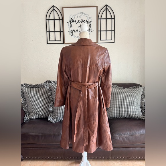 Vintage Rare 24K By Dan Di Modes Brown Leather Belted Trench Coat Fall - Picture 7 of 16
